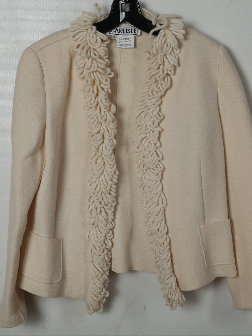 Carlisle Cream Open-Front Wool Cardigan with Loop Trim